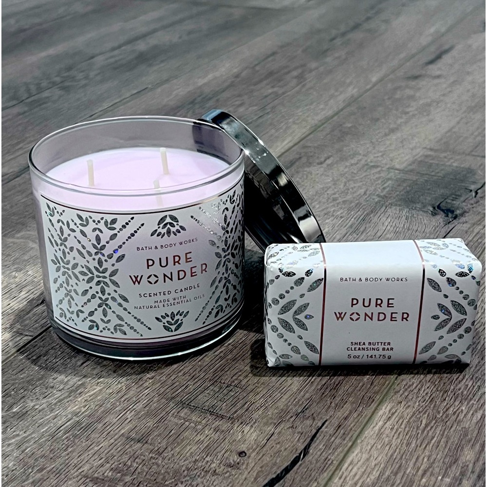 Bath & Body Works Pure Wonder Three Wick Candle AND Shea Butter Cleansing Bar